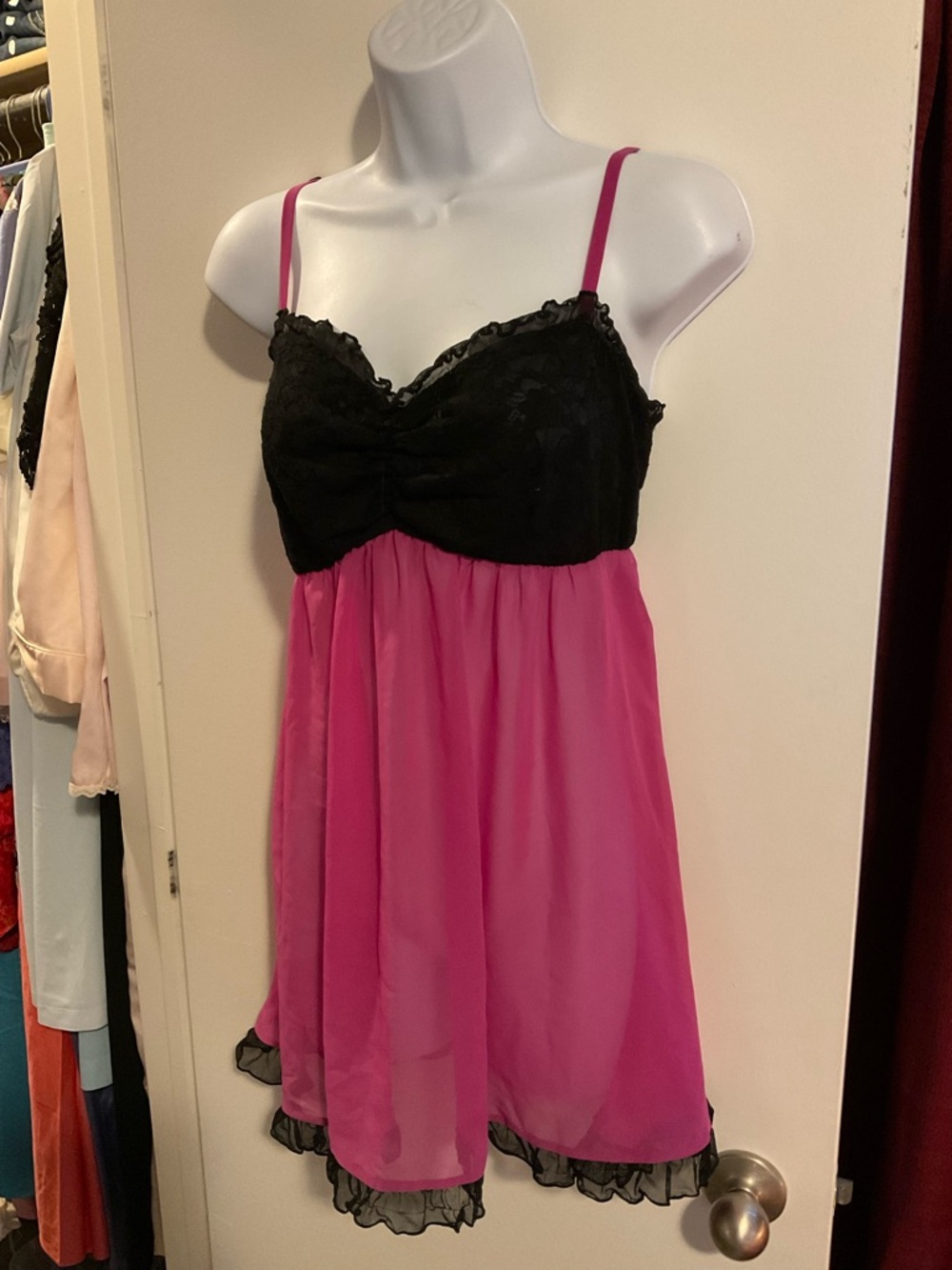 Ambrielle Black Lace & Hot Pink Chiffon Babydoll Chemise